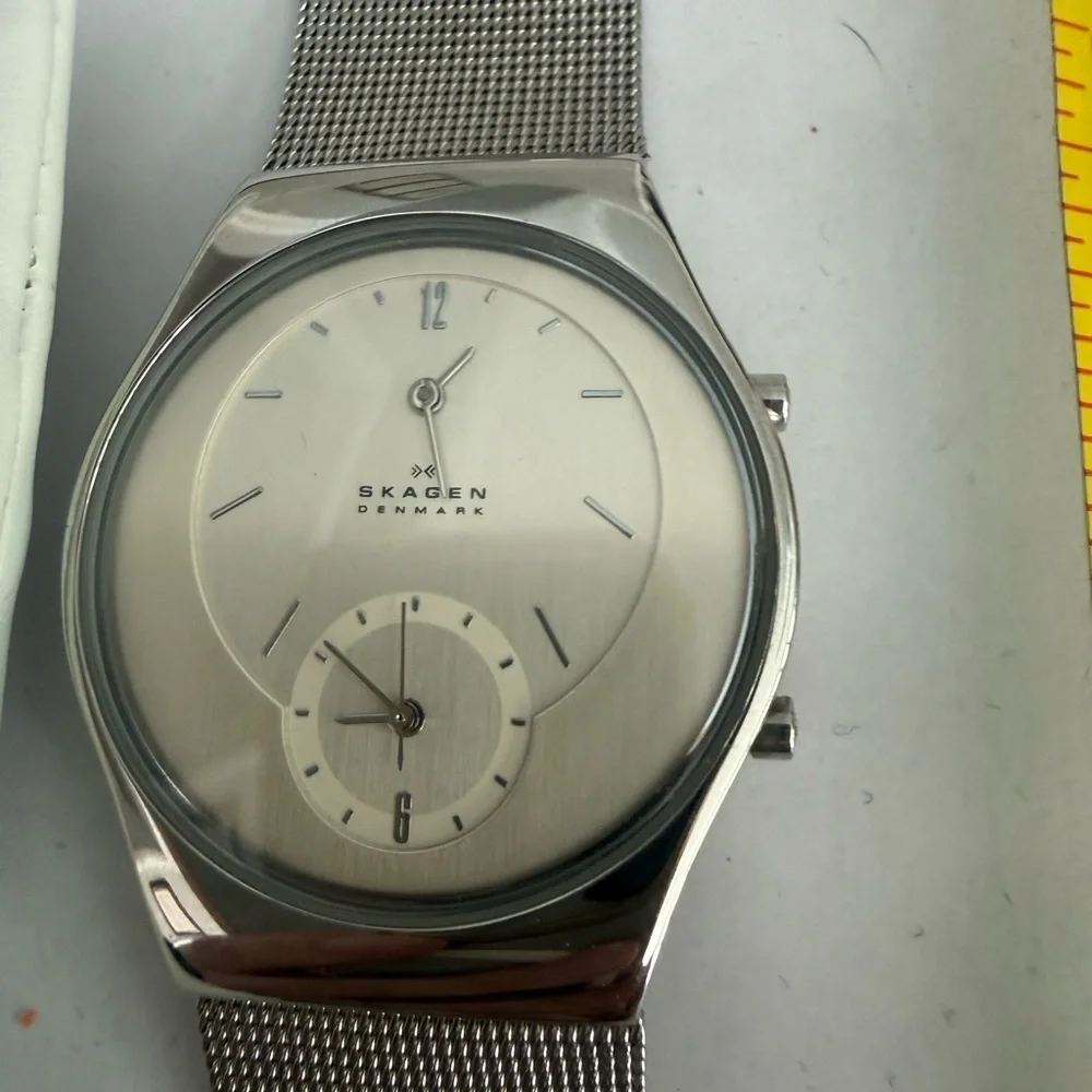 Skagen Denmark Silver Mesh Watch Dual Time Zone (Model 733XLSS)